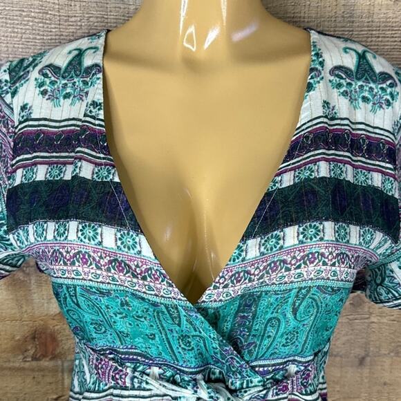 RAGA Golden Rules Mini Short Sleeve Wrap Dress Turquoise Blue SZ Small NWT - Picture 2 of 12